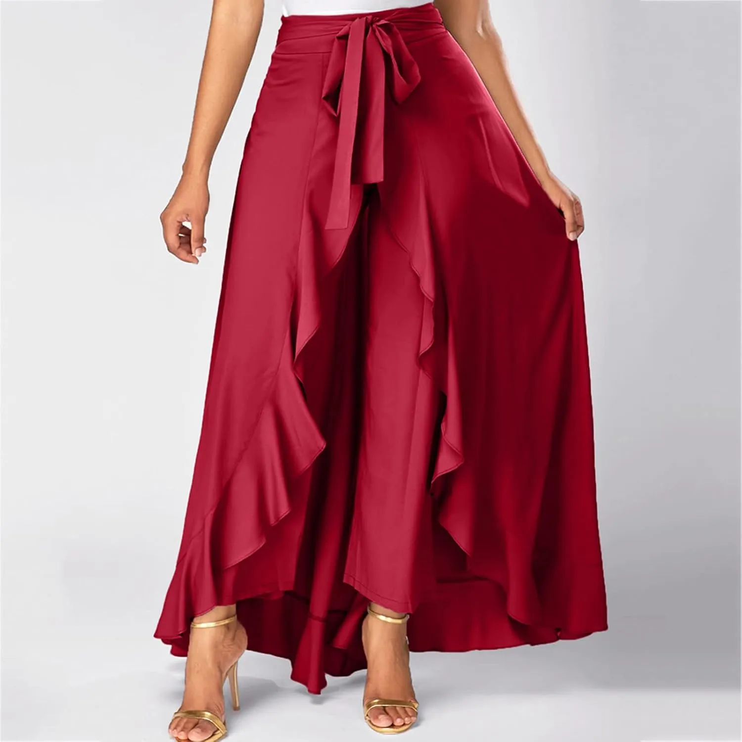 Akklian Womens Casual Hakama Irregular High Waisted Long Culottes Skirt Trendy Wedding Guest Dress Formal Dresses Flowy Skirt