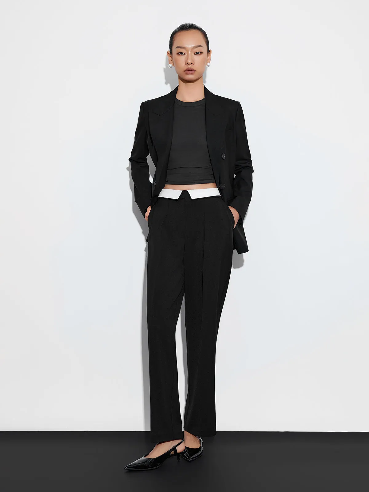 ASOBIO Mid-Rise Pleated Fold-Over Waistband Trousers