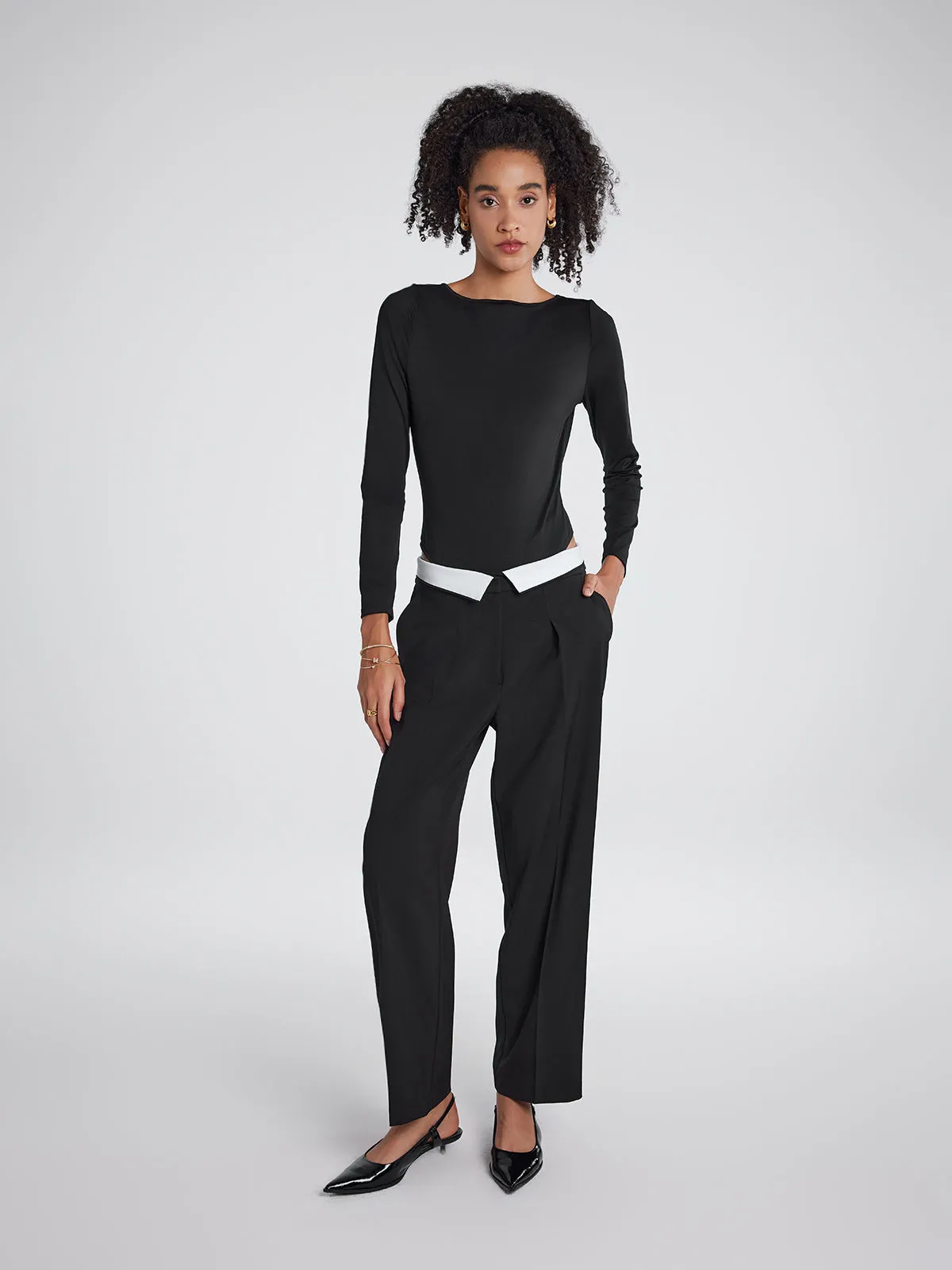 ASOBIO Mid-Rise Pleated Fold-Over Waistband Trousers