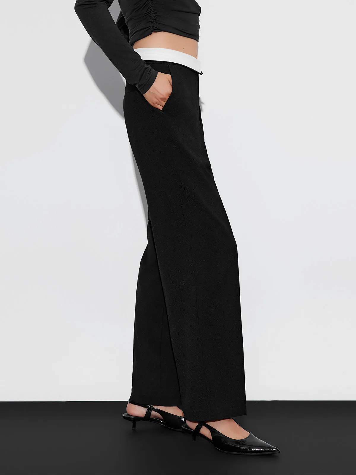 ASOBIO Mid-Rise Pleated Fold-Over Waistband Trousers