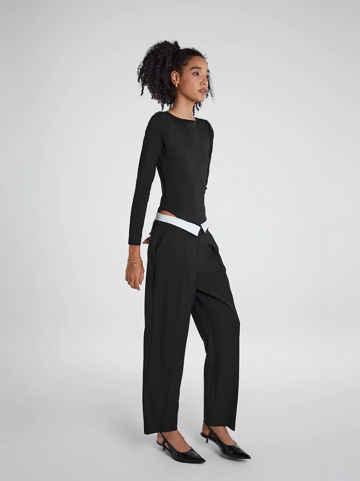 ASOBIO Mid-Rise Pleated Fold-Over Waistband Trousers