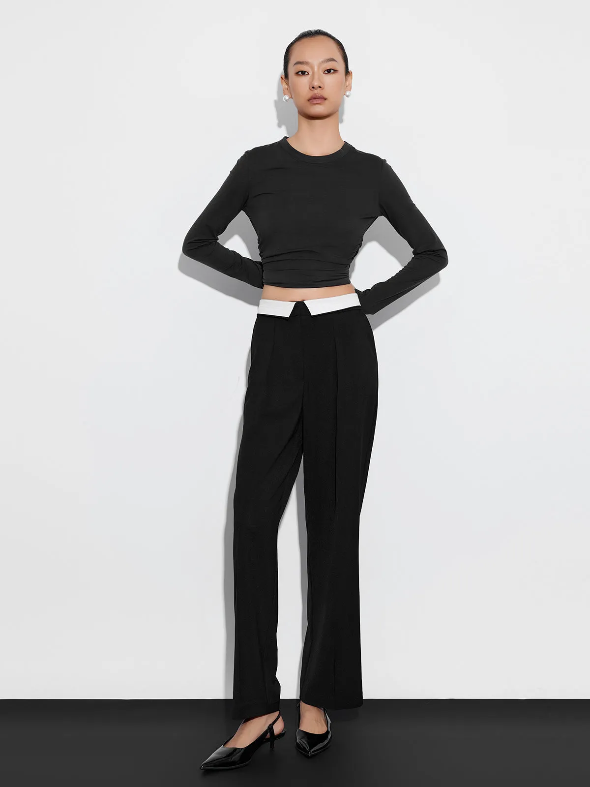 ASOBIO Mid-Rise Pleated Fold-Over Waistband Trousers