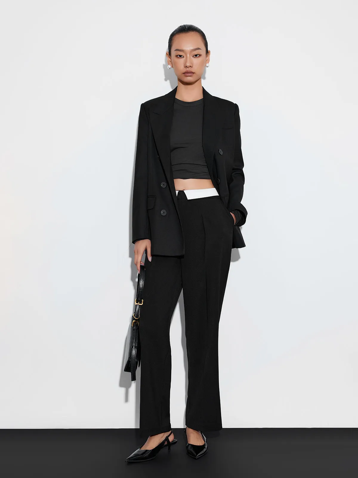 ASOBIO Mid-Rise Pleated Fold-Over Waistband Trousers