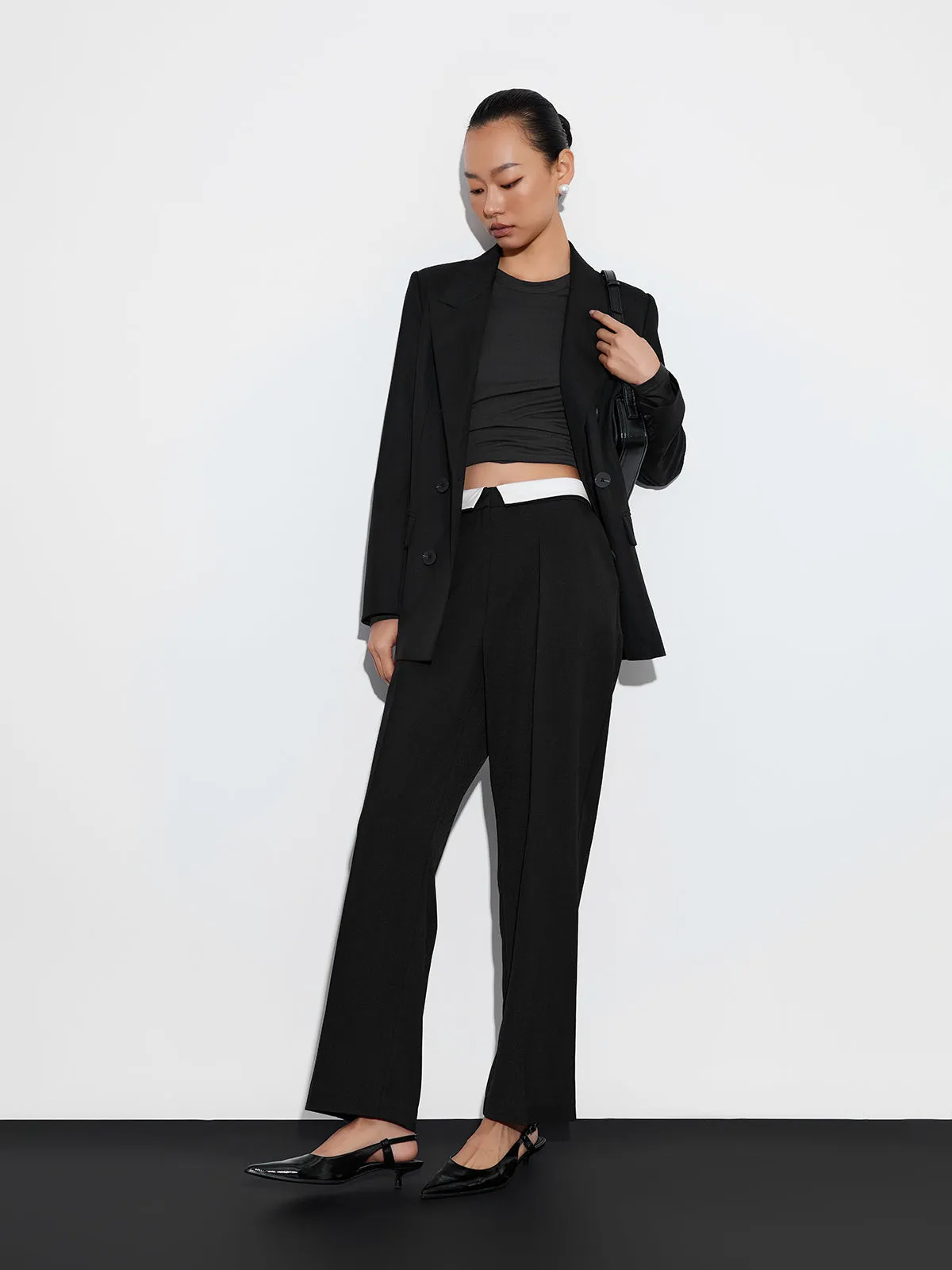 ASOBIO Mid-Rise Pleated Fold-Over Waistband Trousers