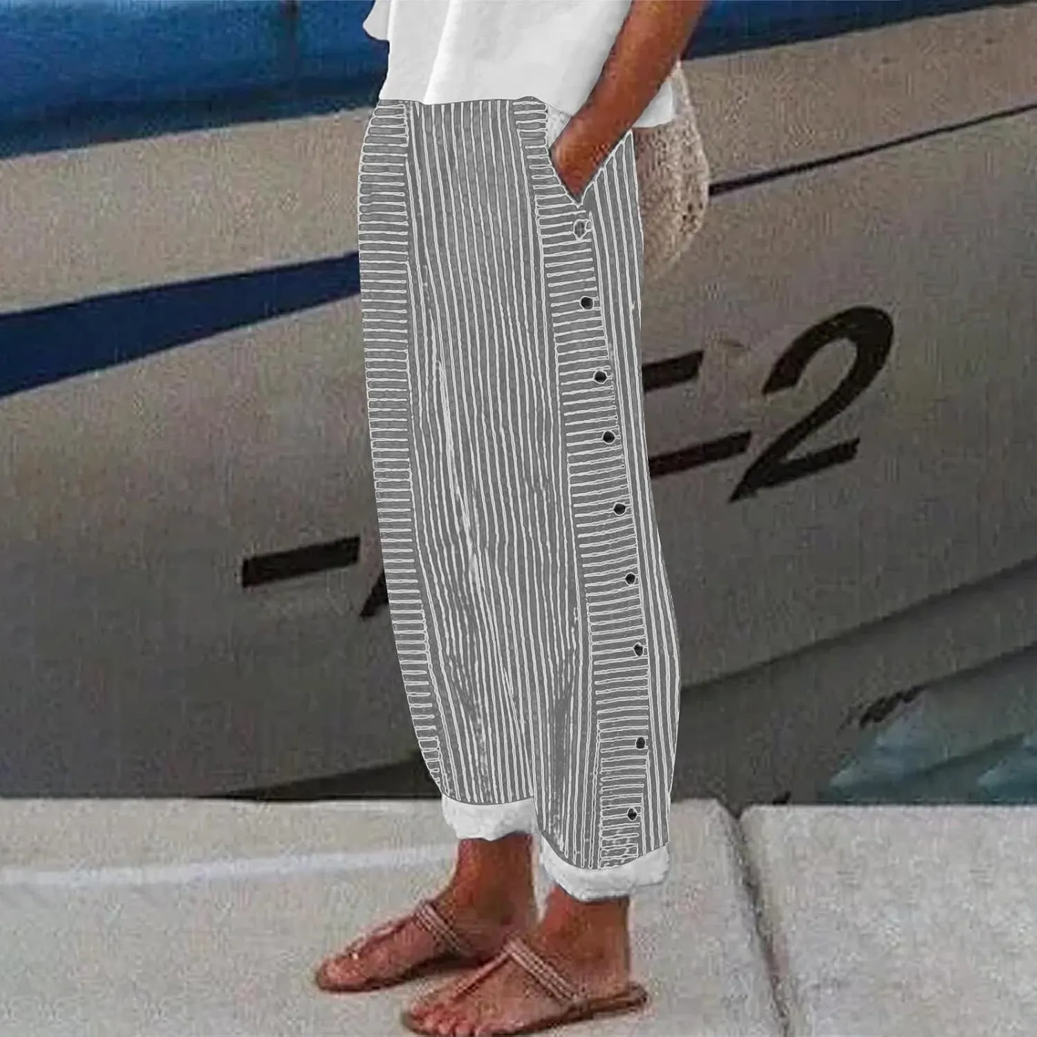 Baggy Harem Elastic Waist Palazzo Waist Side Back Four Pockets 9/10 Pants Drawstring Loose Fit Summer Pants Trousers