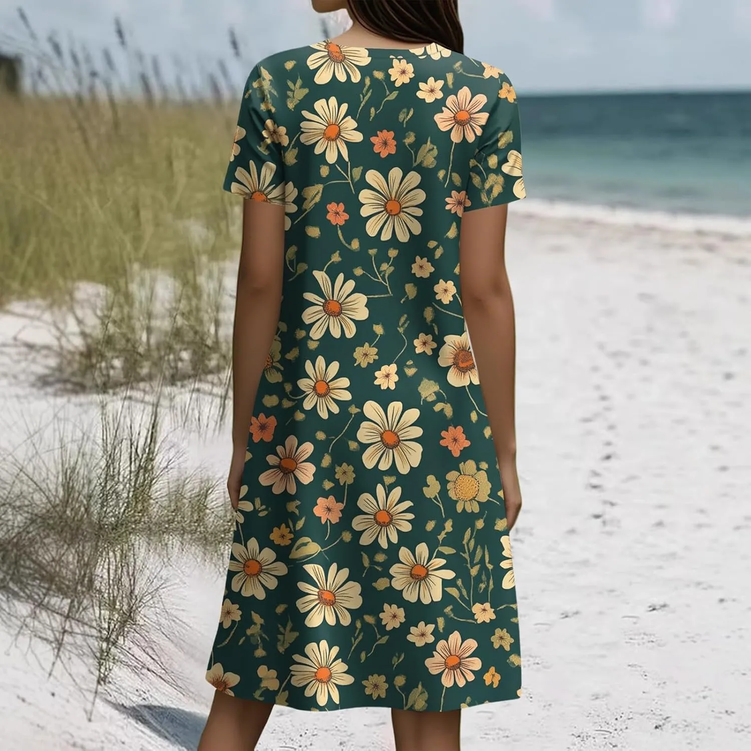 Beach Dresses for Women 2025 Vacation Casual Short Sleeve Round-Neck Floral Print Loose Resort Mini Sundress with, S-2Xl