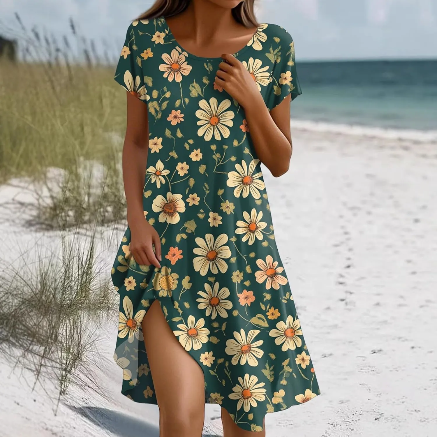 Beach Dresses for Women 2025 Vacation Casual Short Sleeve Round-Neck Floral Print Loose Resort Mini Sundress with, S-2Xl