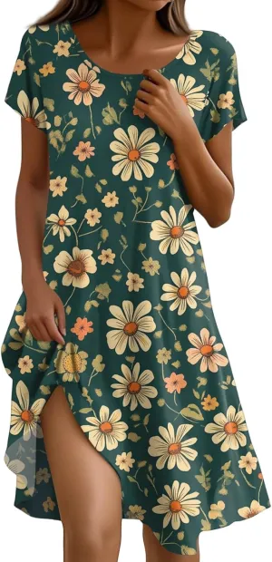 Beach Dresses for Women 2025 Vacation Casual Short Sleeve Round-Neck Floral Print Loose Resort Mini Sundress with, S-2Xl