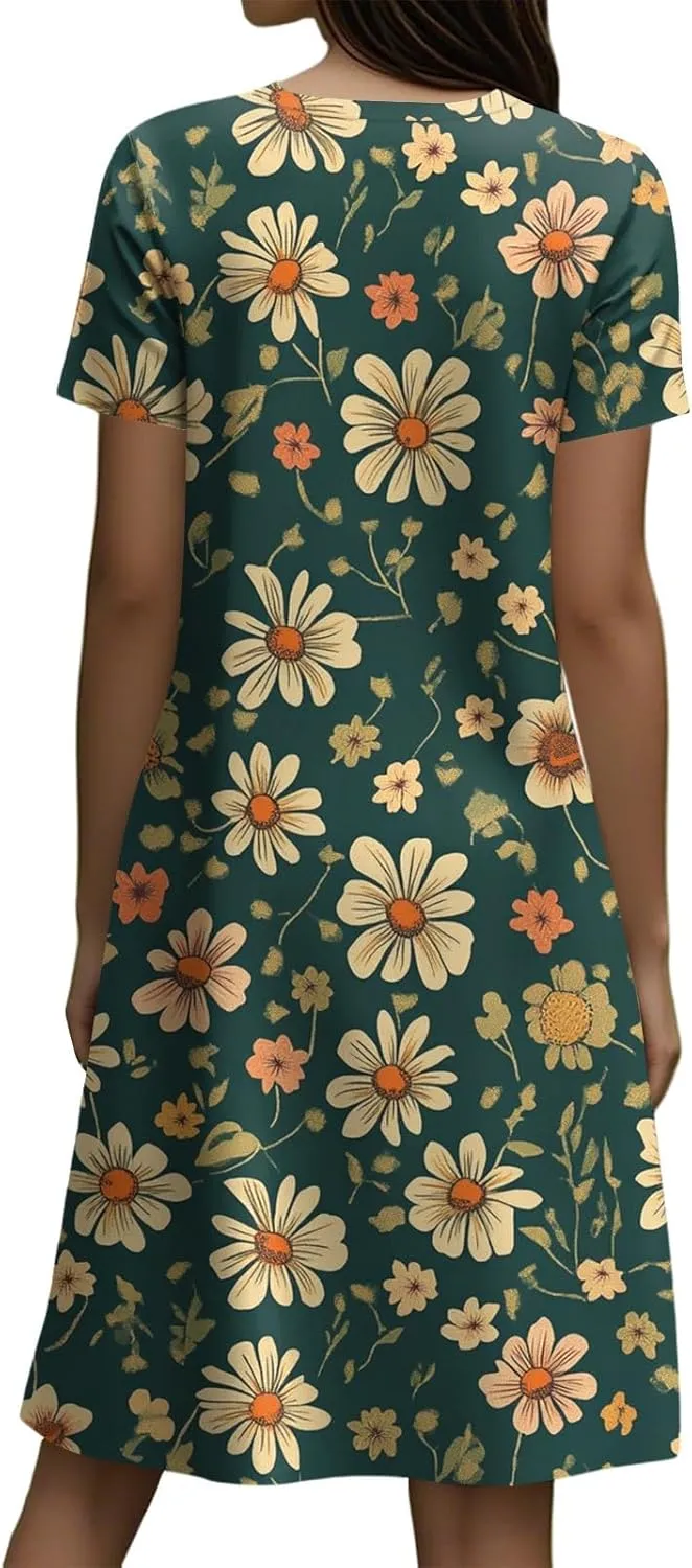 Beach Dresses for Women 2025 Vacation Casual Short Sleeve Round-Neck Floral Print Loose Resort Mini Sundress with, S-2Xl