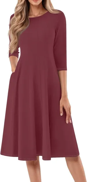 Beach Dresses for Women Summer 3/4 Sleeve Wrap Dress Solid Plain Ruched Midi Dresses Spring Pleated Dress with Pocket