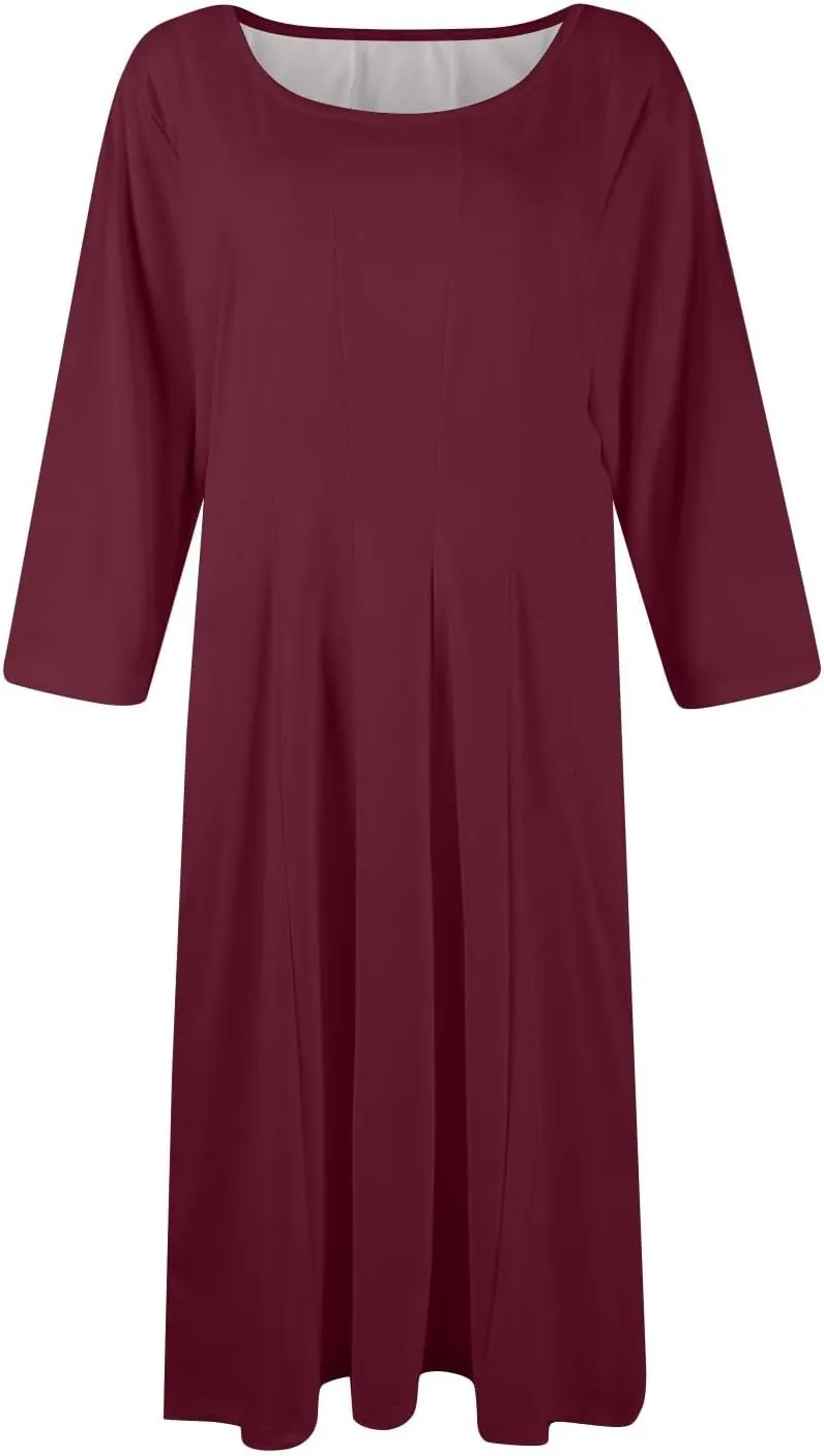 Beach Dresses for Women Summer 3/4 Sleeve Wrap Dress Solid Plain Ruched Midi Dresses Spring Pleated Dress with Pocket
