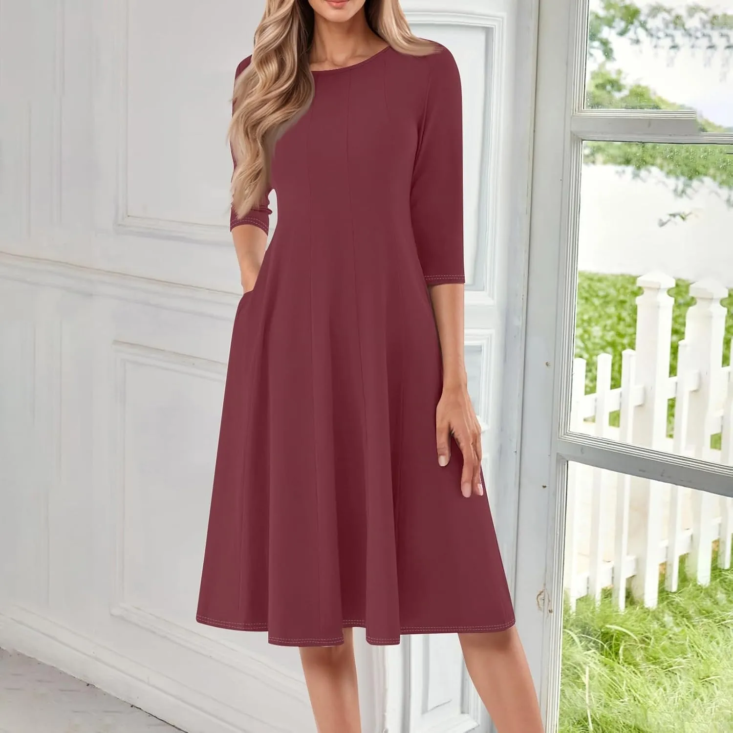 Beach Dresses for Women Summer 3/4 Sleeve Wrap Dress Solid Plain Ruched Midi Dresses Spring Pleated Dress with Pocket