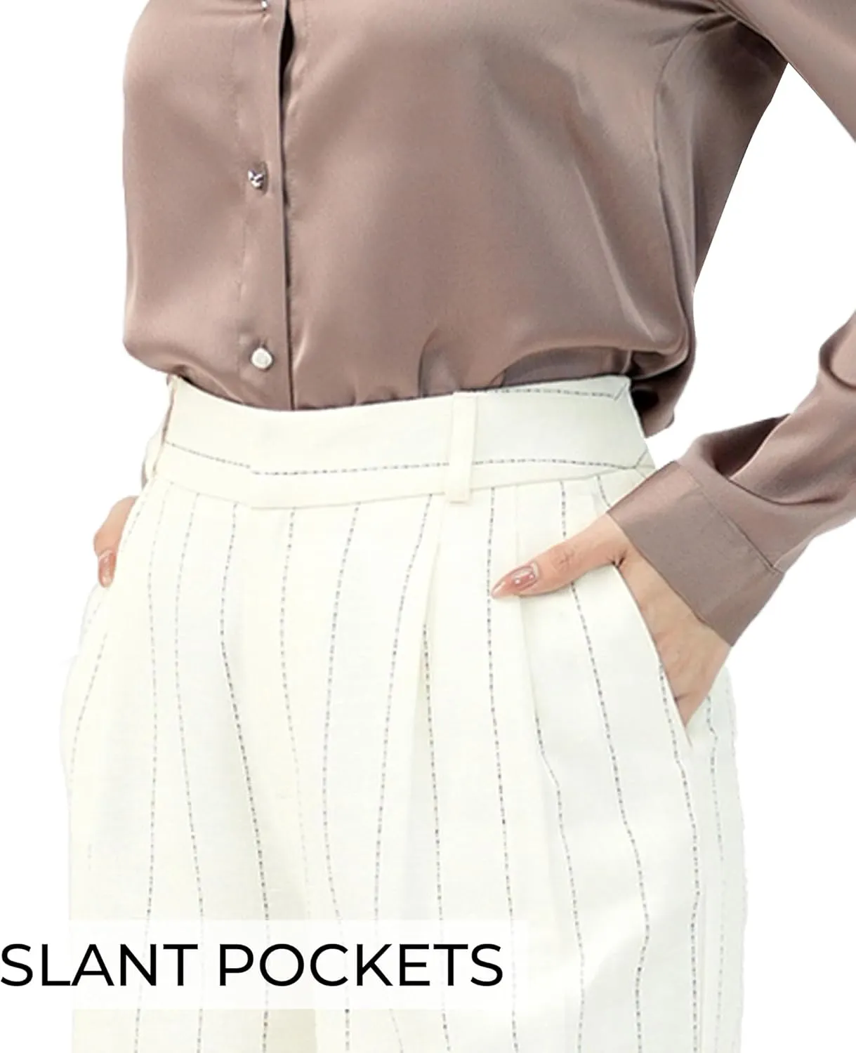 Beige Stripe Linen Pants for Women, Business Casual Trousers for Women