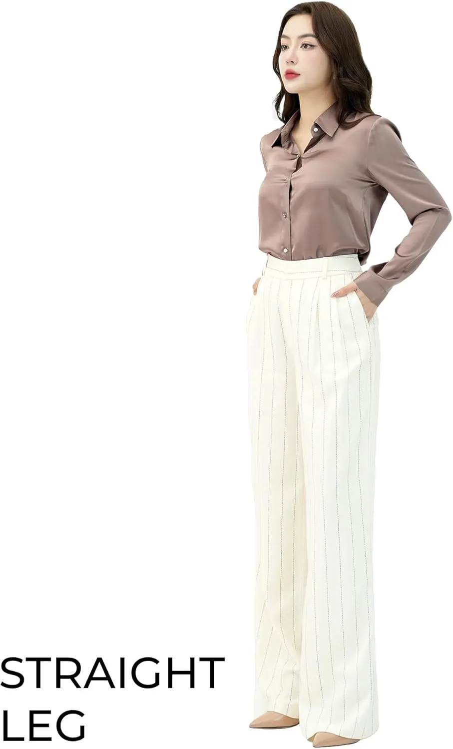 Beige Stripe Linen Pants for Women, Business Casual Trousers for Women