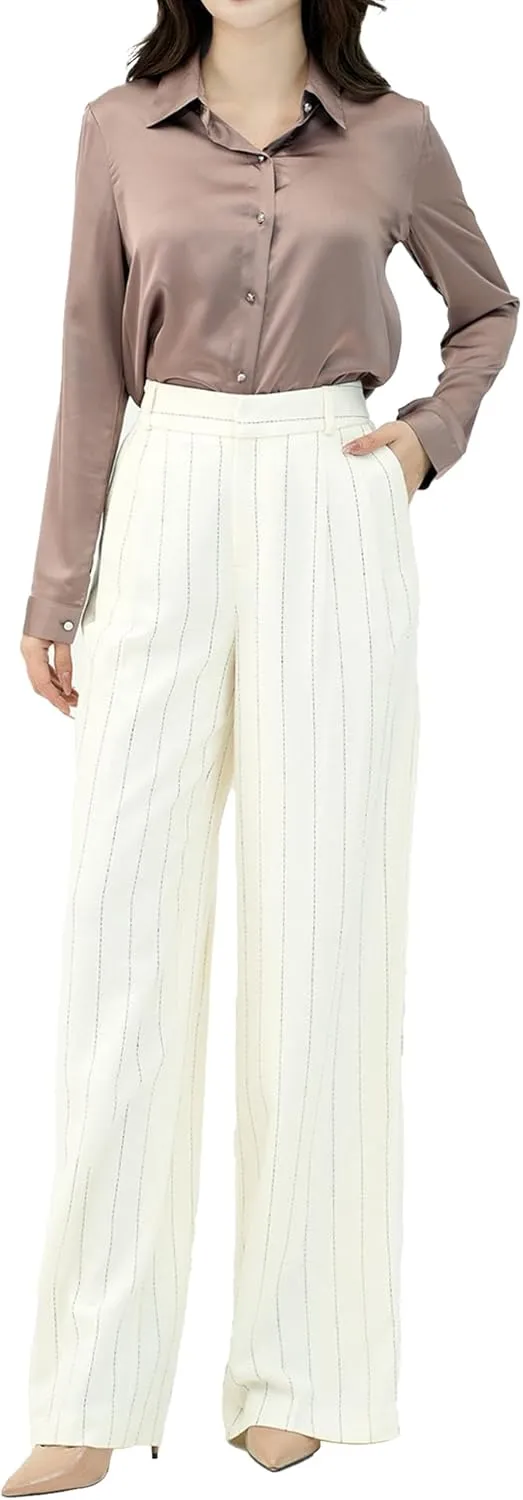 Beige Stripe Linen Pants for Women, Business Casual Trousers for Women