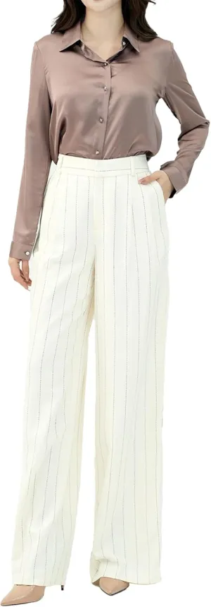 Beige Stripe Linen Pants for Women, Business Casual Trousers for Women
