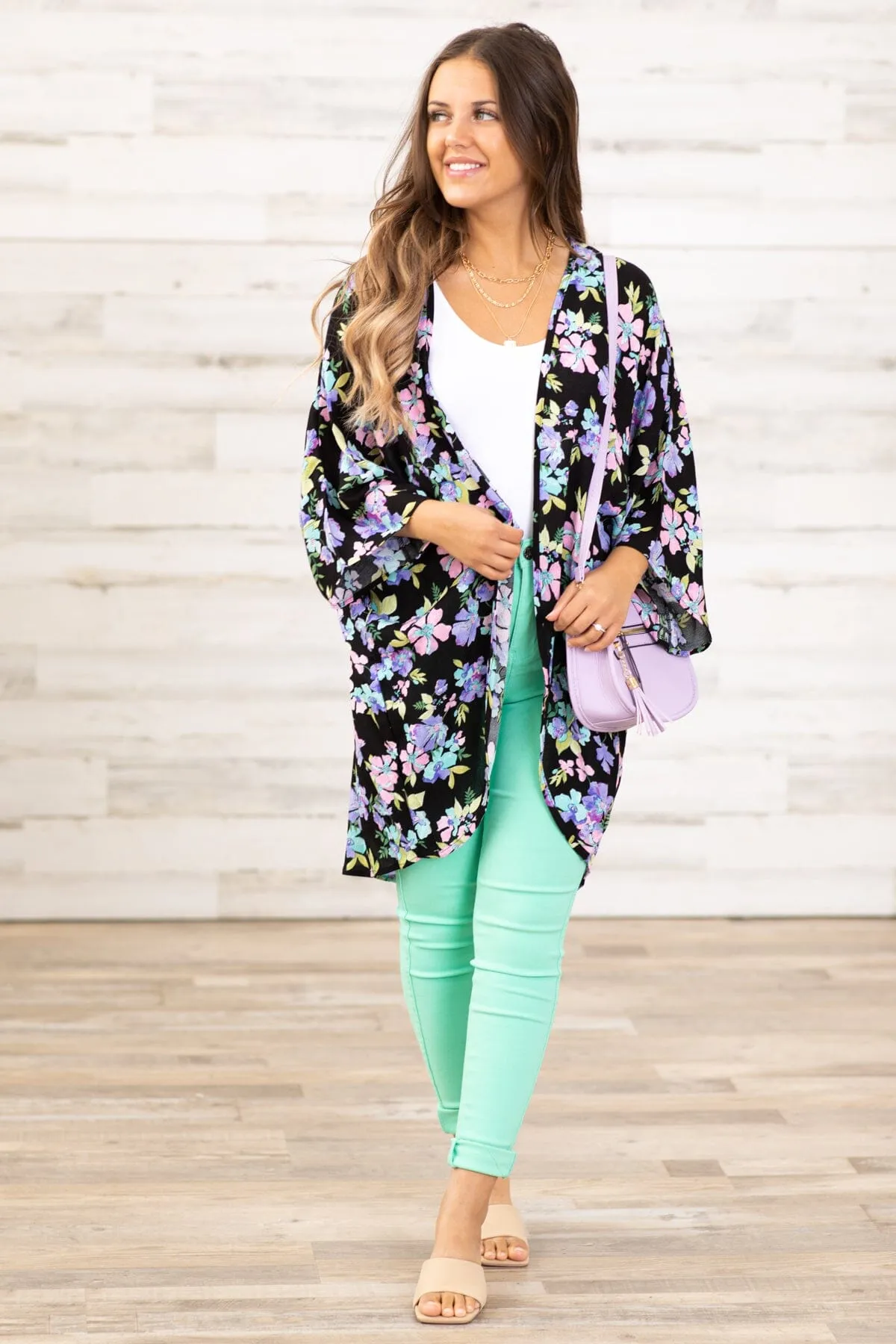 Black and Lavender Multicolor Floral Kimono