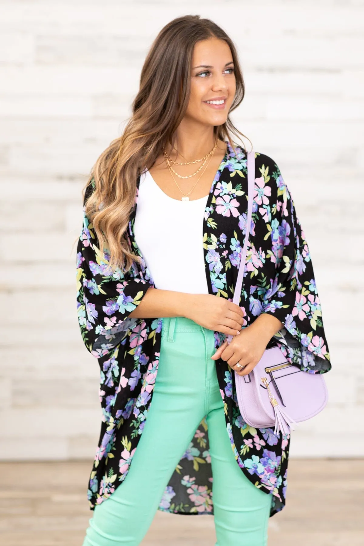 Black and Lavender Multicolor Floral Kimono