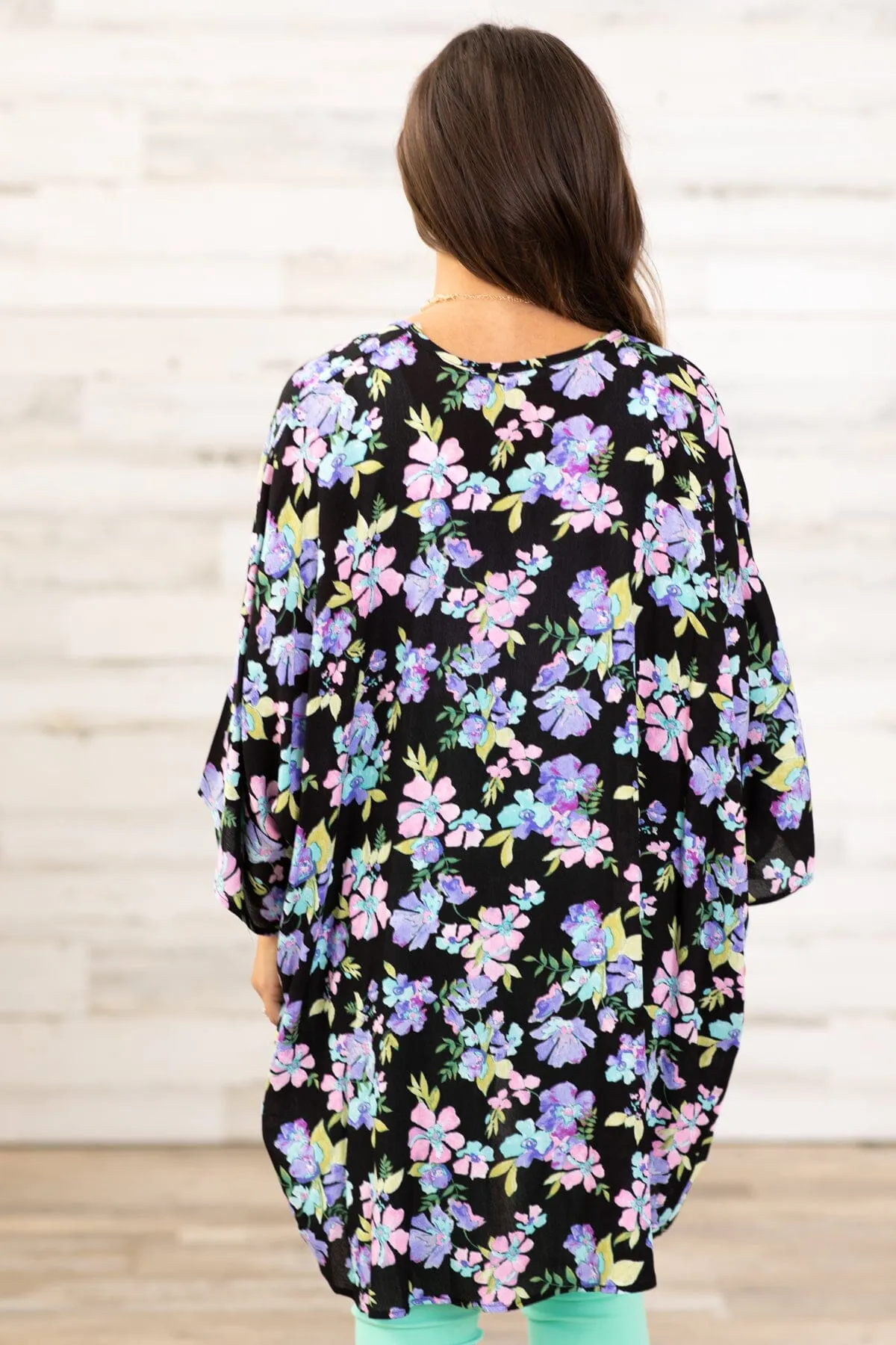 Black and Lavender Multicolor Floral Kimono