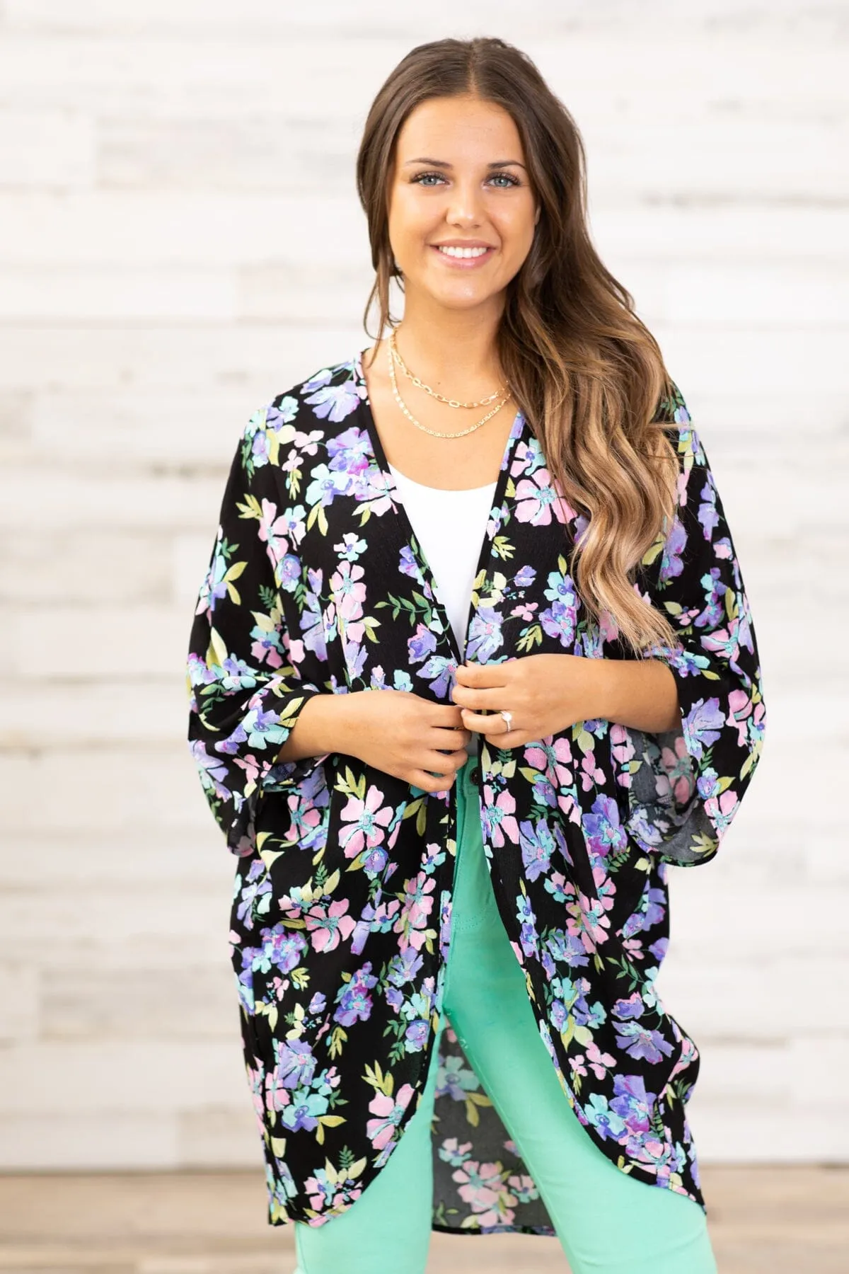 Black and Lavender Multicolor Floral Kimono