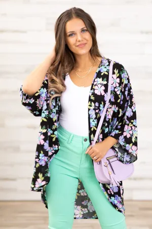 Black and Lavender Multicolor Floral Kimono