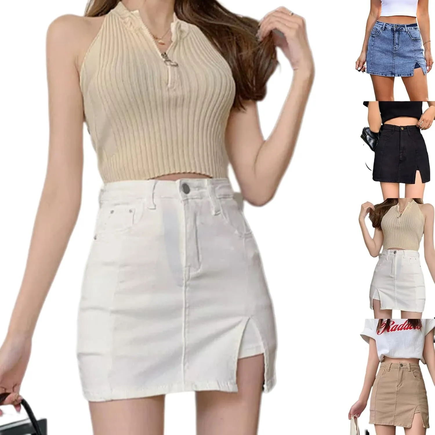 Bloomy Jean Skorts,Trendy Casual Womens Spring Summer Side Slit High Waisted Stretch Mini Denim Skirt with Pockets