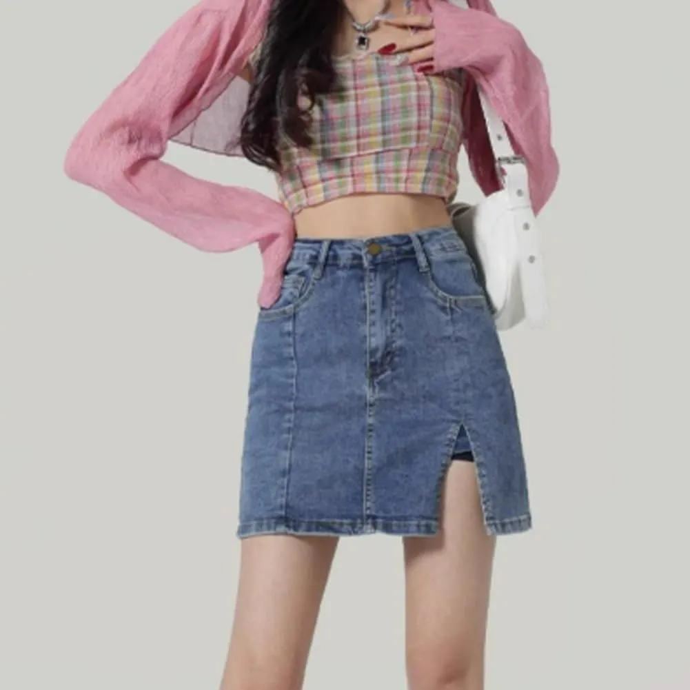 Bloomy Jean Skorts,Trendy Casual Womens Spring Summer Side Slit High Waisted Stretch Mini Denim Skirt with Pockets