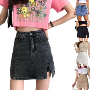 Bloomy Jean Skorts,Trendy Casual Womens Spring Summer Side Slit High Waisted Stretch Mini Denim Skirt with Pockets