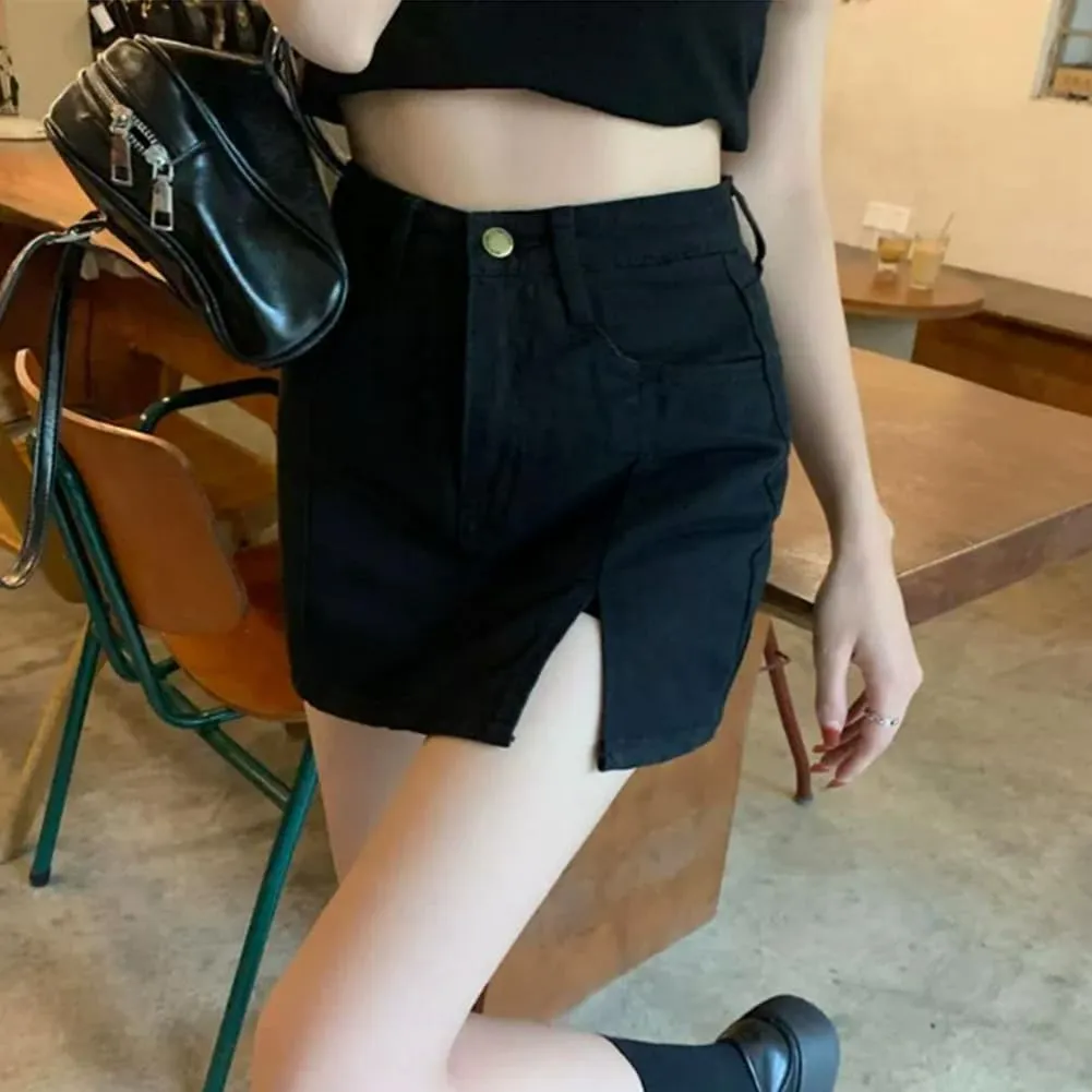 Bloomy Jean Skorts,Trendy Casual Womens Spring Summer Side Slit High Waisted Stretch Mini Denim Skirt with Pockets