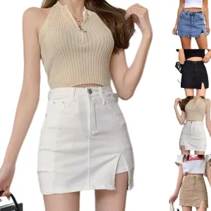 Bloomy Jean Skorts,Trendy Casual Womens Spring Summer Side Slit High Waisted Stretch Mini Denim Skirt with Pockets