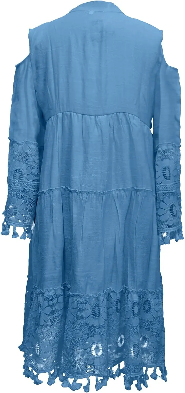 Boho Dress for Women,Elegant Fringe Sexy V Neck Cold Shoulder Long Sleeve Lace Flowy Plus Size Summer Mini Dress
