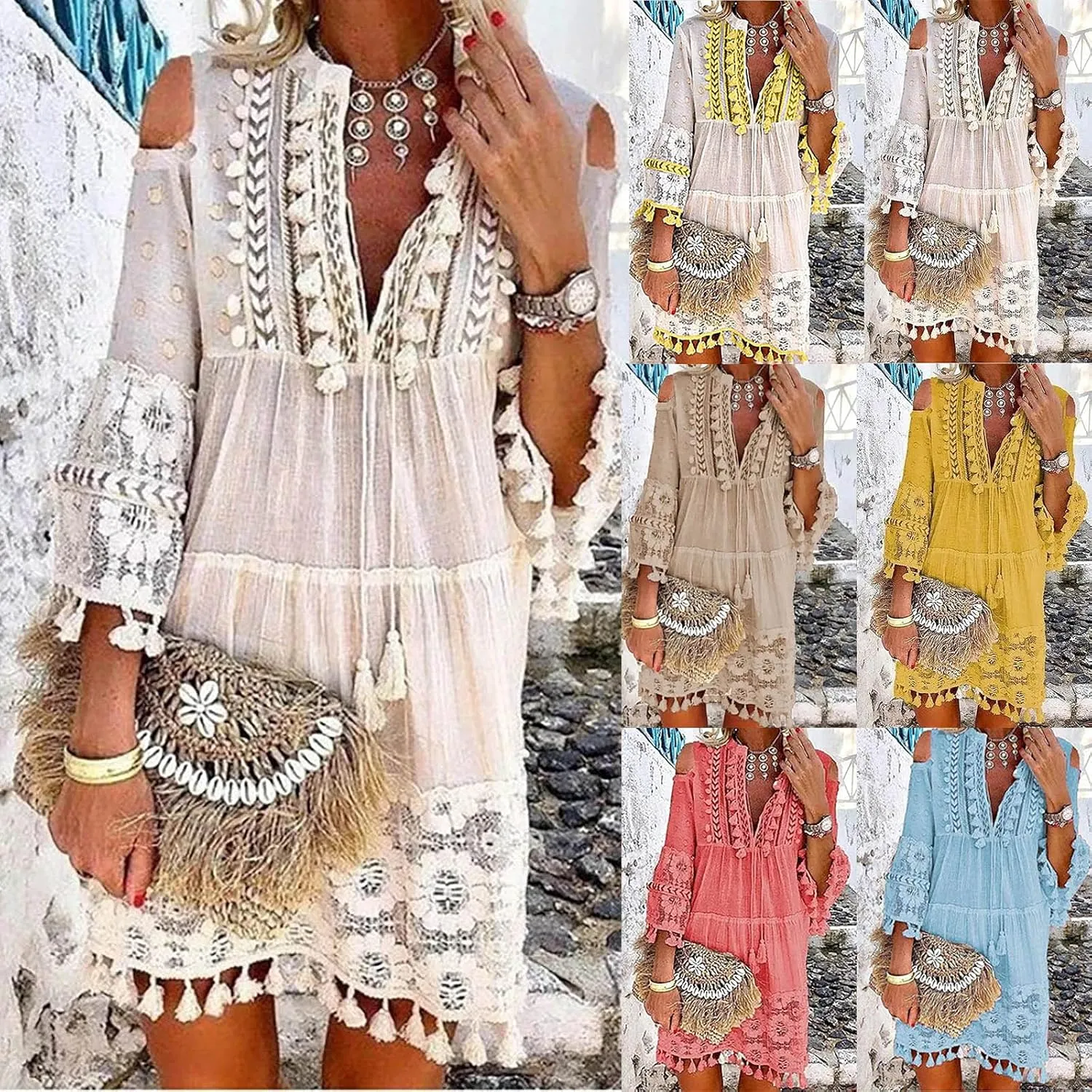 Boho Dress for Women,Elegant Fringe Sexy V Neck Cold Shoulder Long Sleeve Lace Flowy Plus Size Summer Mini Dress