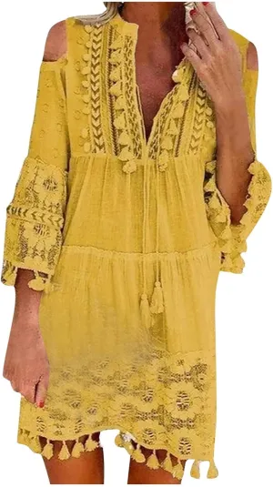 Boho Dress for Women,Elegant Fringe Sexy V Neck Cold Shoulder Long Sleeve Lace Flowy Plus Size Summer Mini Dress