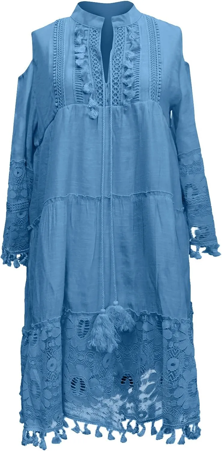 Boho Dress for Women,Elegant Fringe Sexy V Neck Cold Shoulder Long Sleeve Lace Flowy Plus Size Summer Mini Dress