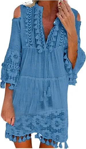 Boho Dress for Women,Elegant Fringe Sexy V Neck Cold Shoulder Long Sleeve Lace Flowy Plus Size Summer Mini Dress