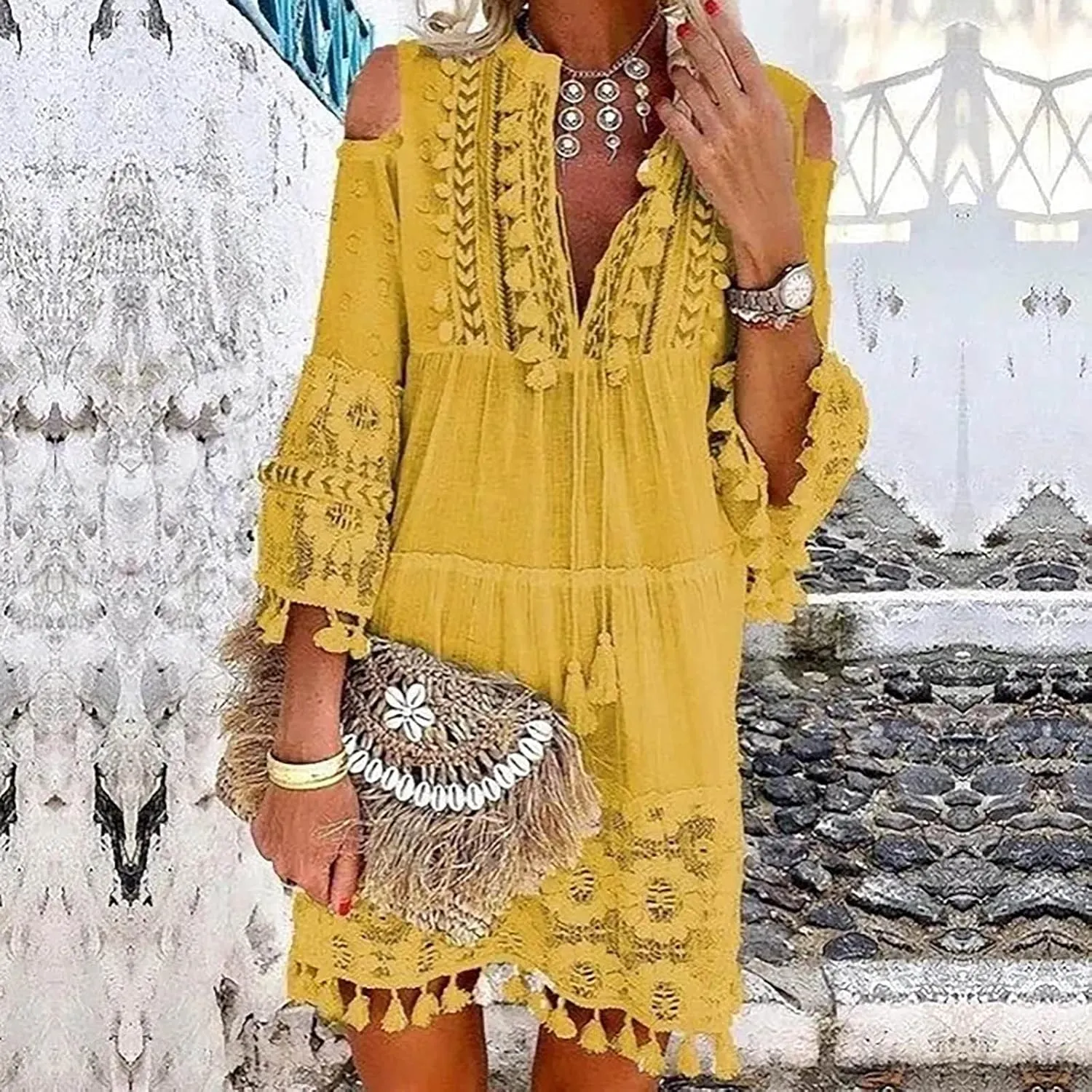 Boho Dress for Women,Elegant Fringe Sexy V Neck Cold Shoulder Long Sleeve Lace Flowy Plus Size Summer Mini Dress