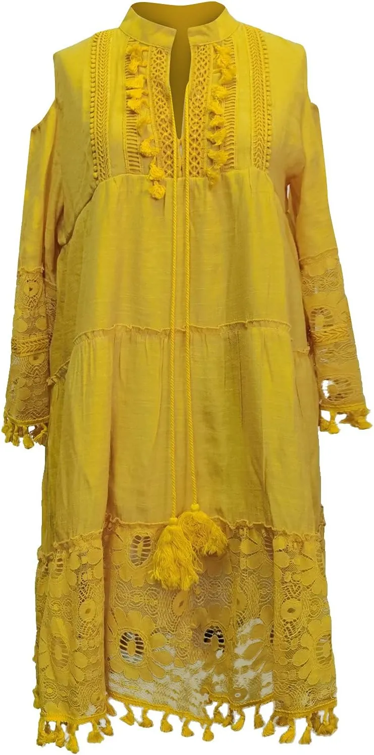 Boho Dress for Women,Elegant Fringe Sexy V Neck Cold Shoulder Long Sleeve Lace Flowy Plus Size Summer Mini Dress