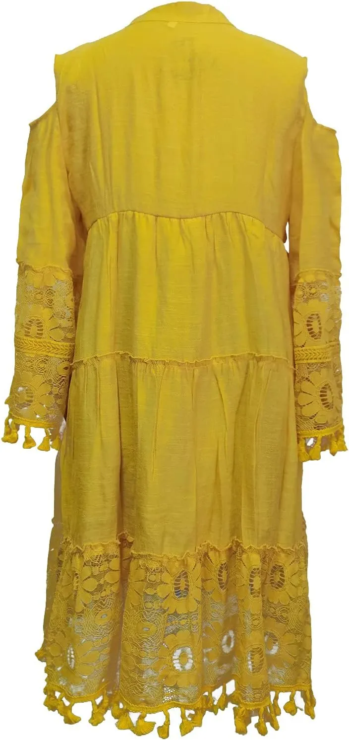 Boho Dress for Women,Elegant Fringe Sexy V Neck Cold Shoulder Long Sleeve Lace Flowy Plus Size Summer Mini Dress