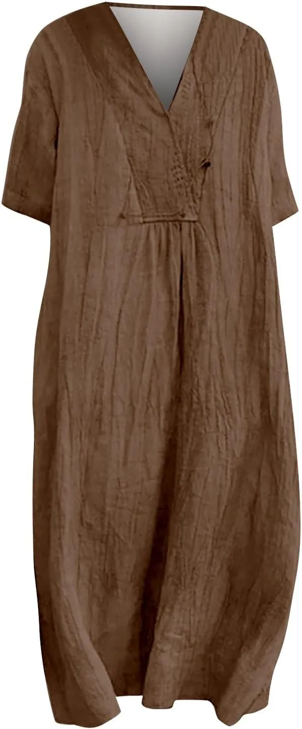 Boho Dresses for Women 2024 Linen Vintage Solid Midi Dress with Pockets V Neck Loose Casual Flowy Summer Beach Dress
