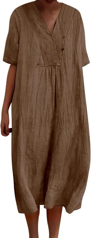 Boho Dresses for Women 2024 Linen Vintage Solid Midi Dress with Pockets V Neck Loose Casual Flowy Summer Beach Dress