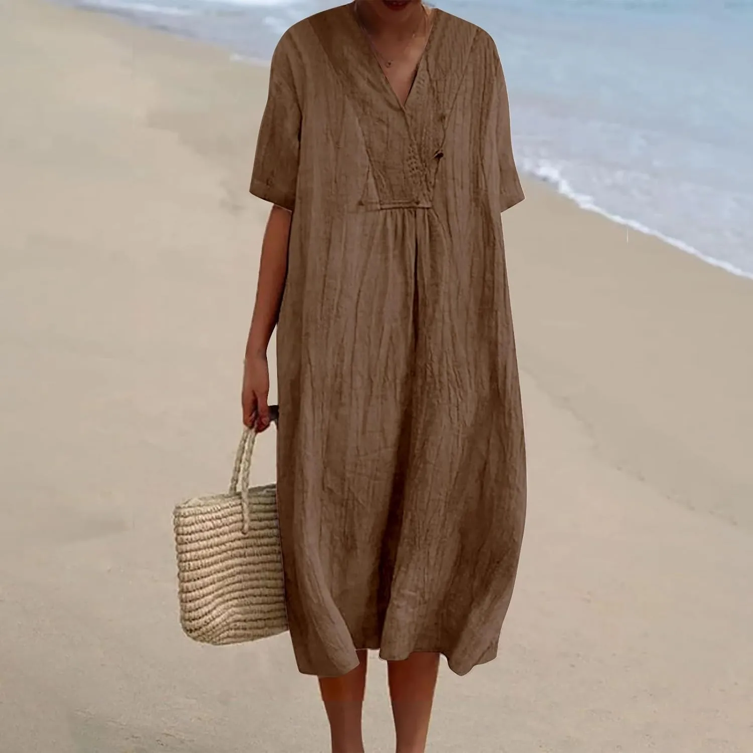 Boho Dresses for Women 2024 Linen Vintage Solid Midi Dress with Pockets V Neck Loose Casual Flowy Summer Beach Dress