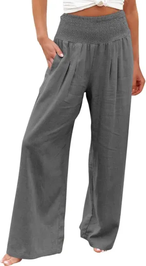 Boho Linen Palazzo Pants for Women Wide Leg Summer Lounge Pant Beach Vacation Casual Elastic High Waisted Trousers