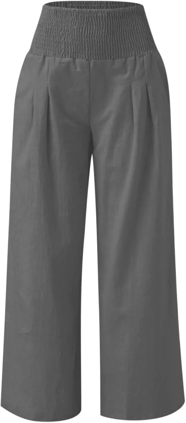 Boho Linen Palazzo Pants for Women Wide Leg Summer Lounge Pant Beach Vacation Casual Elastic High Waisted Trousers