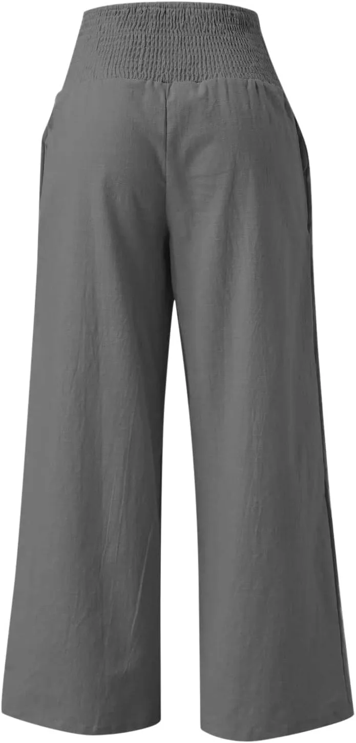 Boho Linen Palazzo Pants for Women Wide Leg Summer Lounge Pant Beach Vacation Casual Elastic High Waisted Trousers