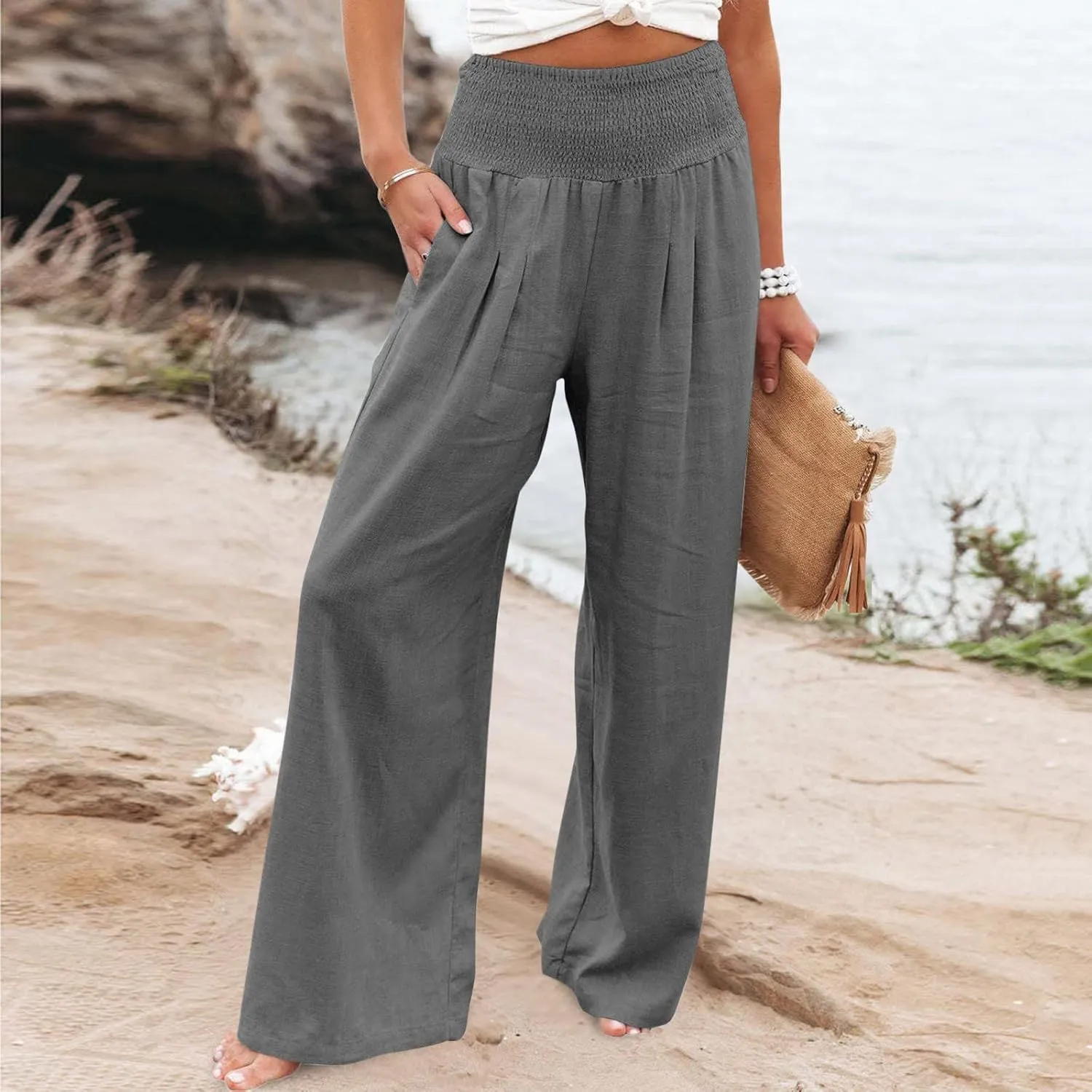 Boho Linen Palazzo Pants for Women Wide Leg Summer Lounge Pant Beach Vacation Casual Elastic High Waisted Trousers