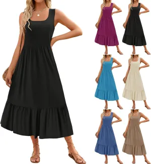 Canbebig Maxi Dresses for Women 2025 Square Neck Pleated Swing Casual Dress Sleeveless A Line Flowy Beach Dress Long Sundress
