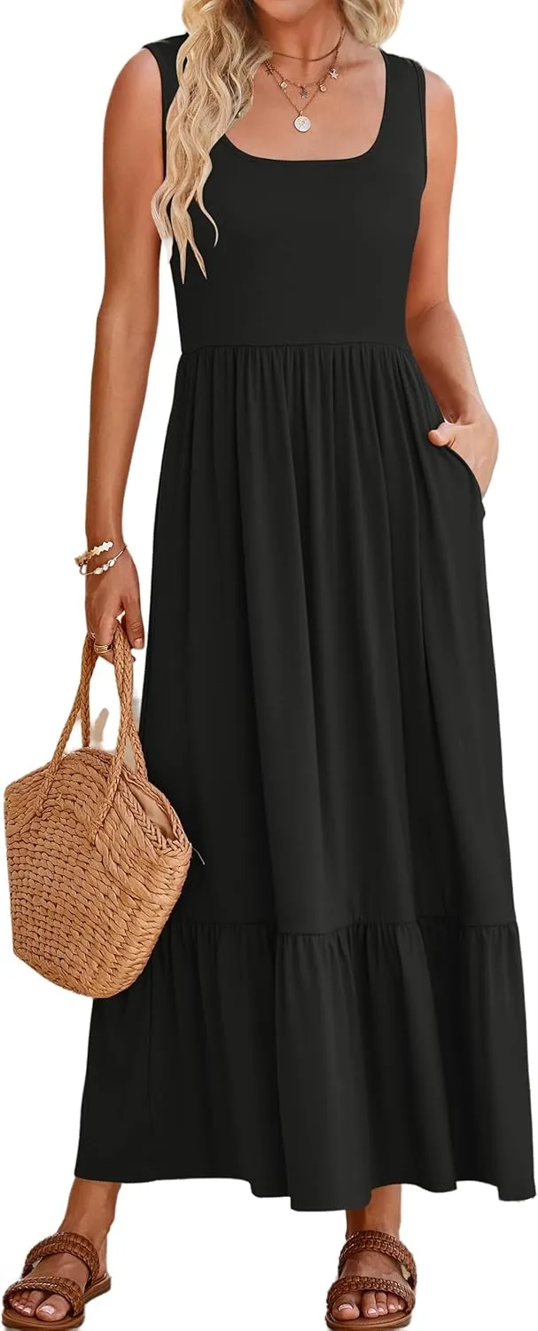 Canbebig Maxi Dresses for Women 2025 Square Neck Pleated Swing Casual Dress Sleeveless A Line Flowy Beach Dress Long Sundress