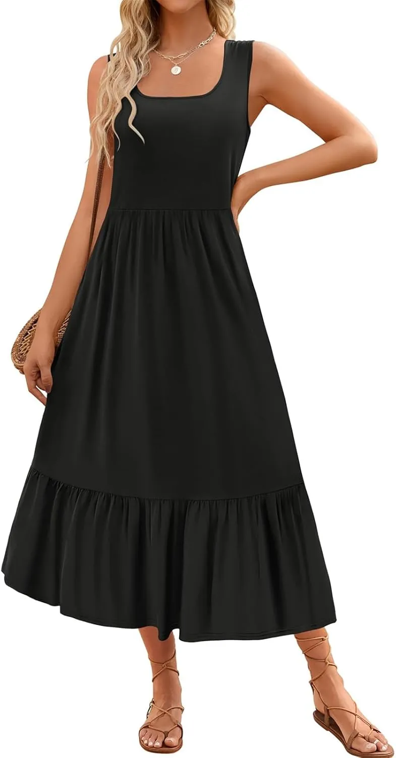 Canbebig Maxi Dresses for Women 2025 Square Neck Pleated Swing Casual Dress Sleeveless A Line Flowy Beach Dress Long Sundress