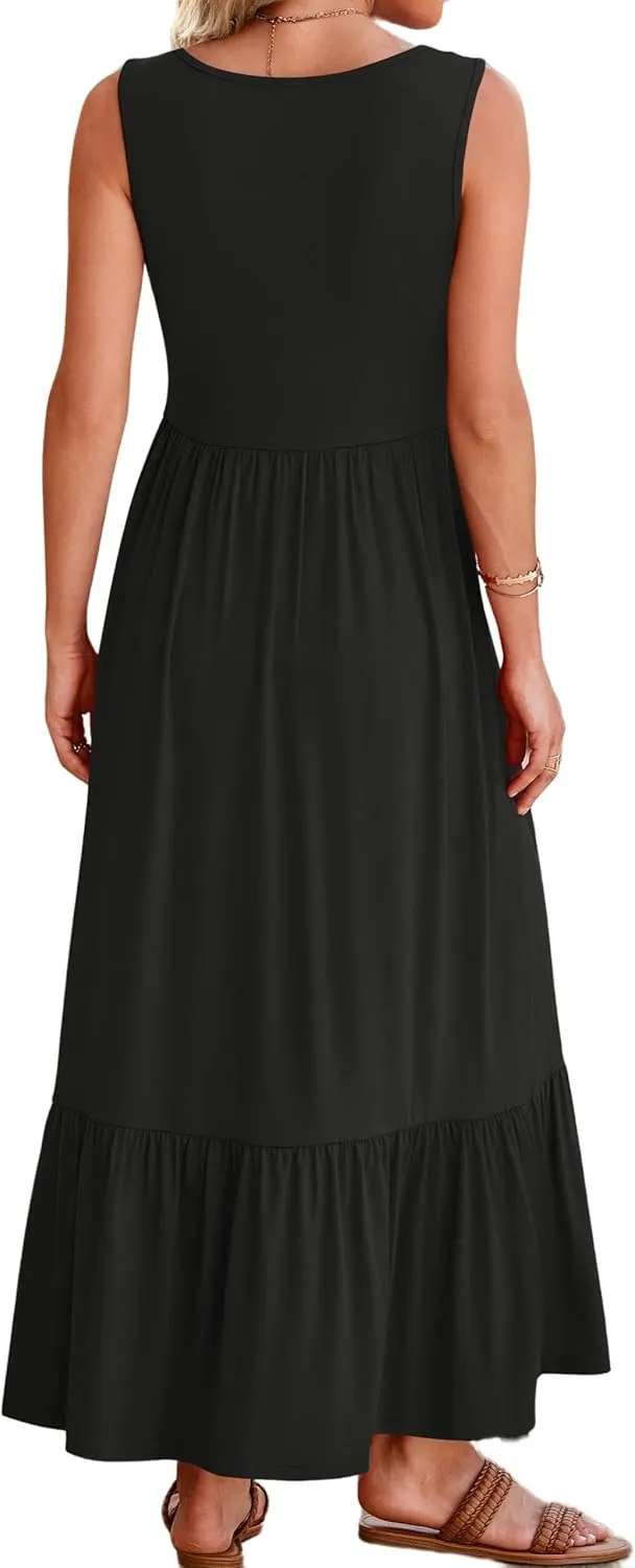 Canbebig Maxi Dresses for Women 2025 Square Neck Pleated Swing Casual Dress Sleeveless A Line Flowy Beach Dress Long Sundress