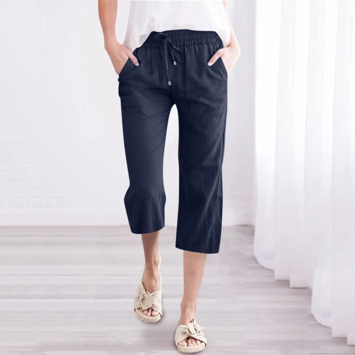 Capri Pants for Women Casual Summer Drawstring Elastic Waist Linen Pants Straight Wide Leg Pocket Cropped Trouser